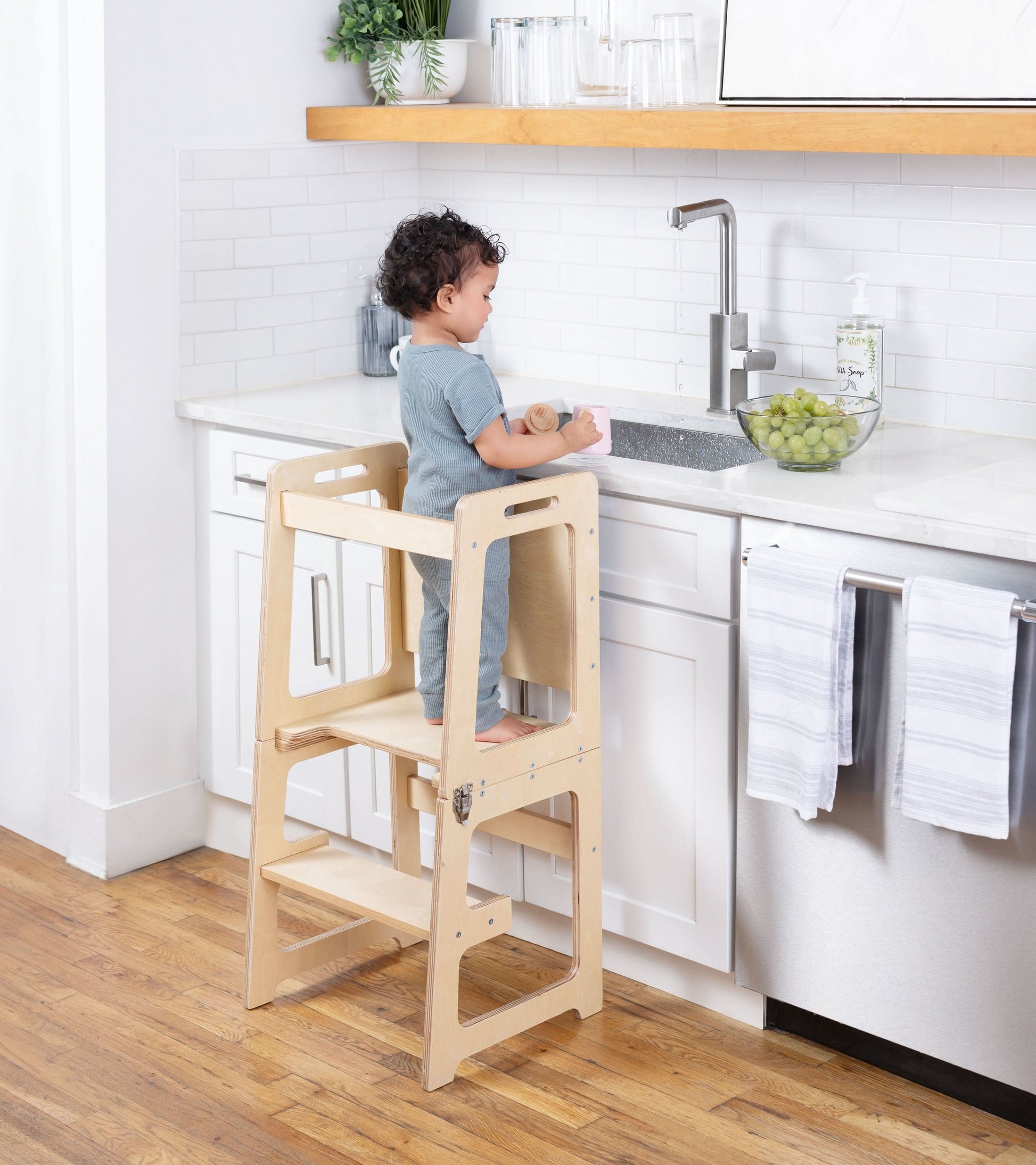 Date | 4-in-1 Kitchen Tower & Desk - Chickadees Wooden Toys