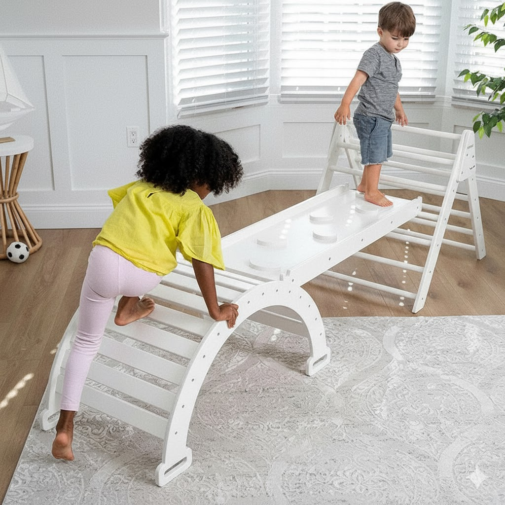 Hazel | Foldable Pikler Triangle with Slide & Rocker - Chickadees Wooden Toys