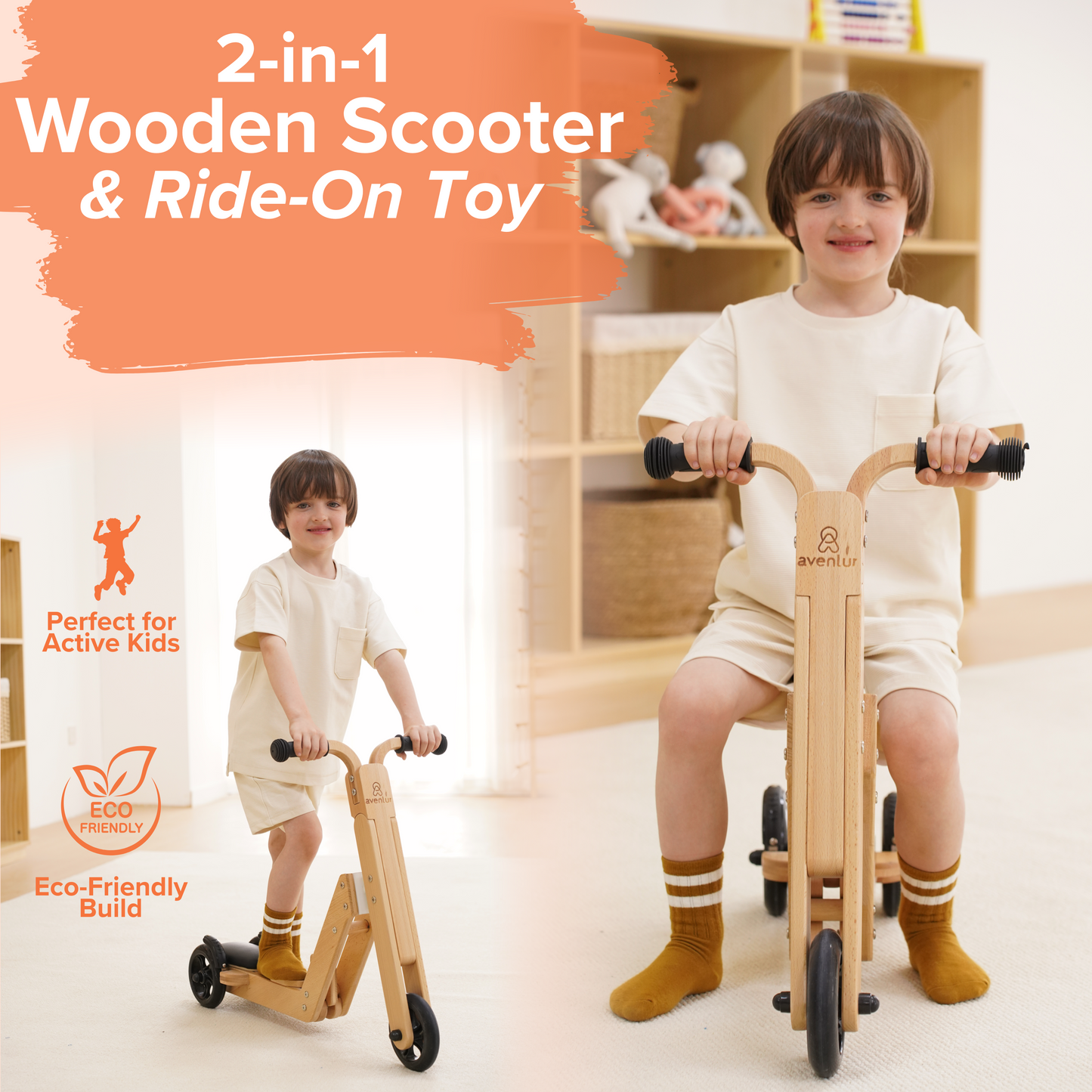 Juneberry | 2-in-1 Wooden Toddler Scooter and Ride-On Toy, Converts Without Tools - Chickadees Wooden Toys