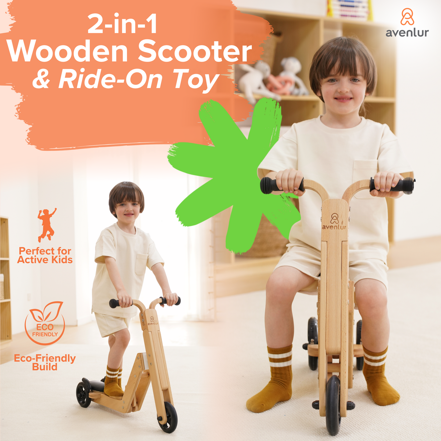 Juneberry | 2-in-1 Wooden Toddler Scooter and Ride-On Toy, Converts Without Tools - Chickadees Wooden Toys