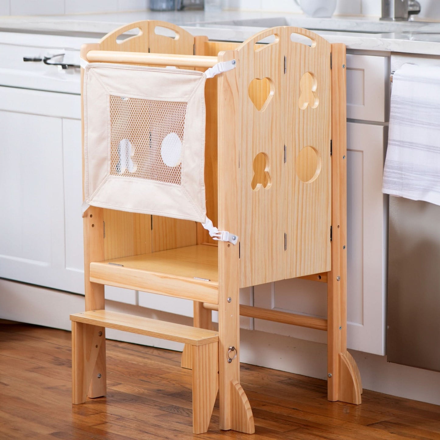 Laurel 4-in-1 Foldable Kitchen Tower, Step Stool, Slide & Chalkboard for Toddlers - Chickadees Wooden Toys