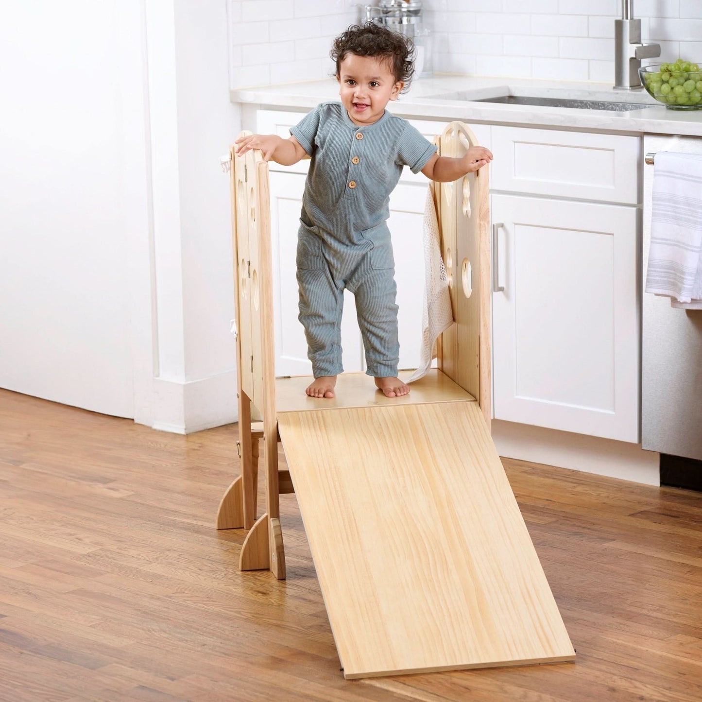 Laurel 4-in-1 Foldable Kitchen Tower, Step Stool, Slide & Chalkboard for Toddlers - Chickadees Wooden Toys