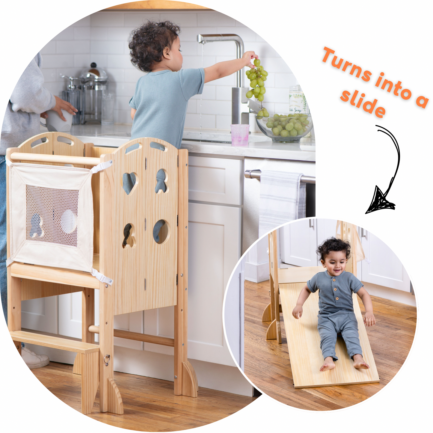 Laurel 4-in-1 Foldable Kitchen Tower, Step Stool, Slide & Chalkboard for Toddlers - Chickadees Wooden Toys