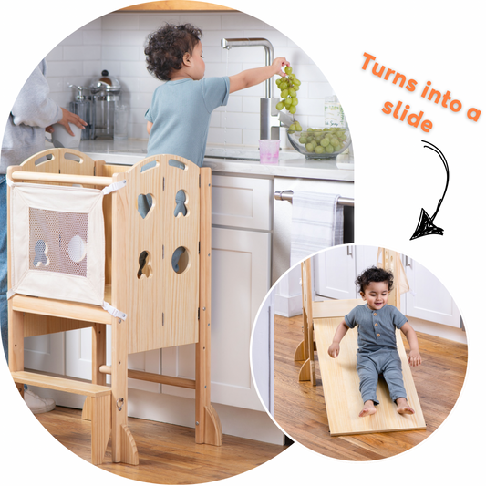 Laurel 4-in-1 Foldable Kitchen Tower, Step Stool, Slide & Chalkboard for Toddlers - Chickadees Wooden Toys