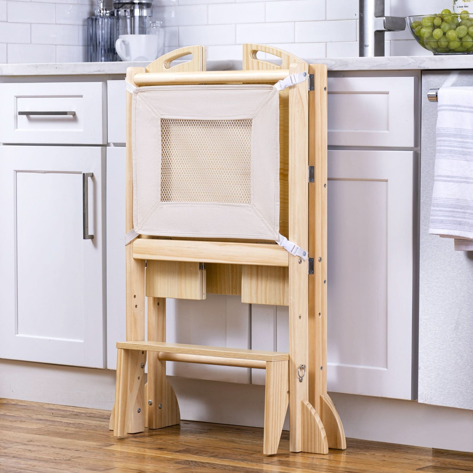 Laurel 4-in-1 Foldable Kitchen Tower, Step Stool, Slide & Chalkboard for Toddlers - Chickadees Wooden Toys