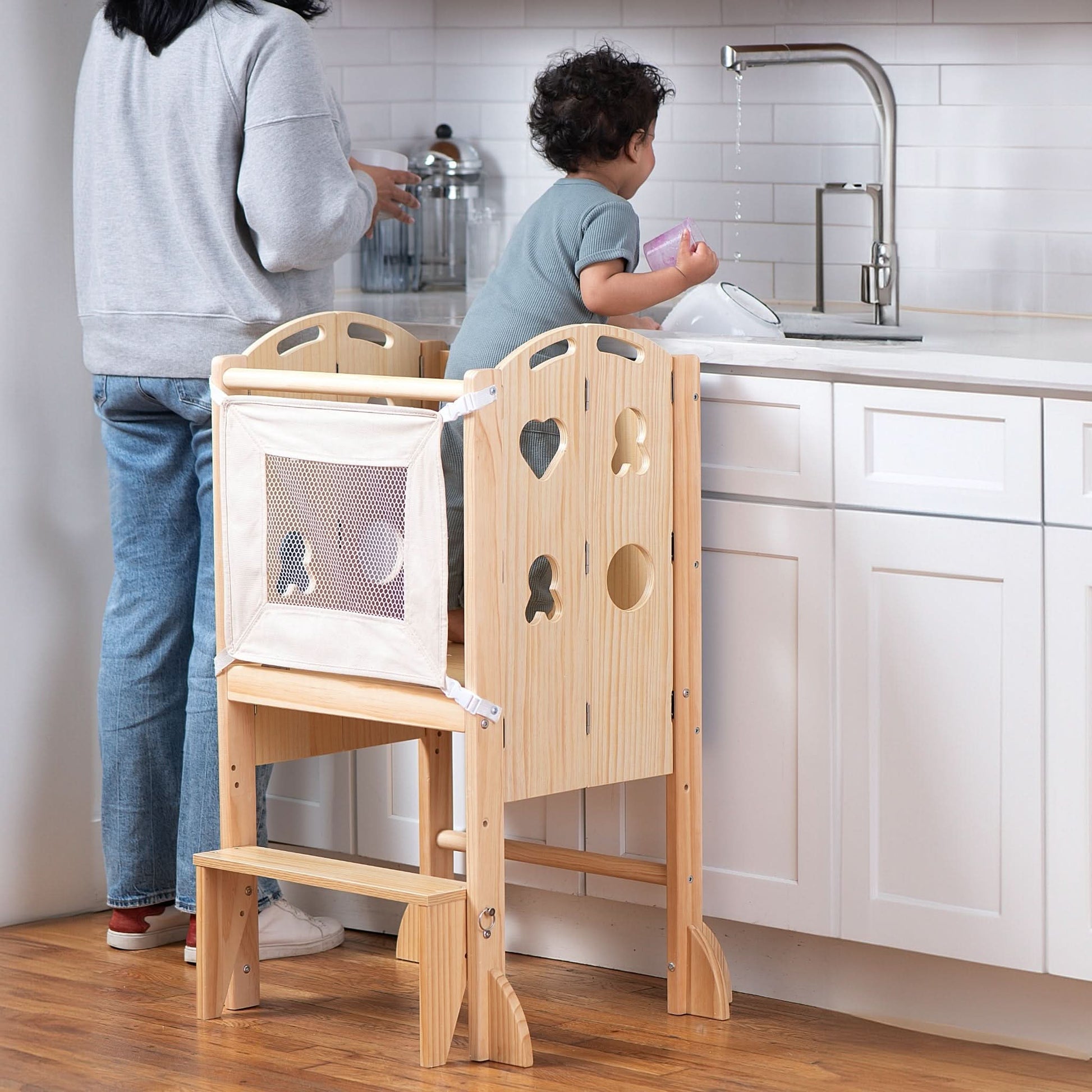 Laurel 4-in-1 Foldable Kitchen Tower, Step Stool, Slide & Chalkboard for Toddlers - Chickadees Wooden Toys