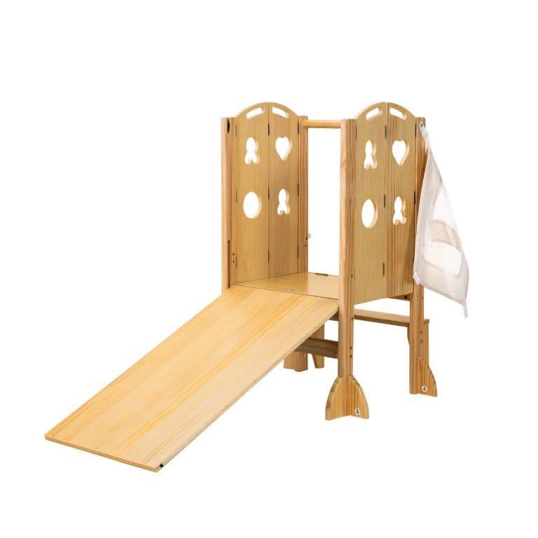 Laurel 4-in-1 Foldable Kitchen Tower, Step Stool, Slide & Chalkboard for Toddlers - Chickadees Wooden Toys