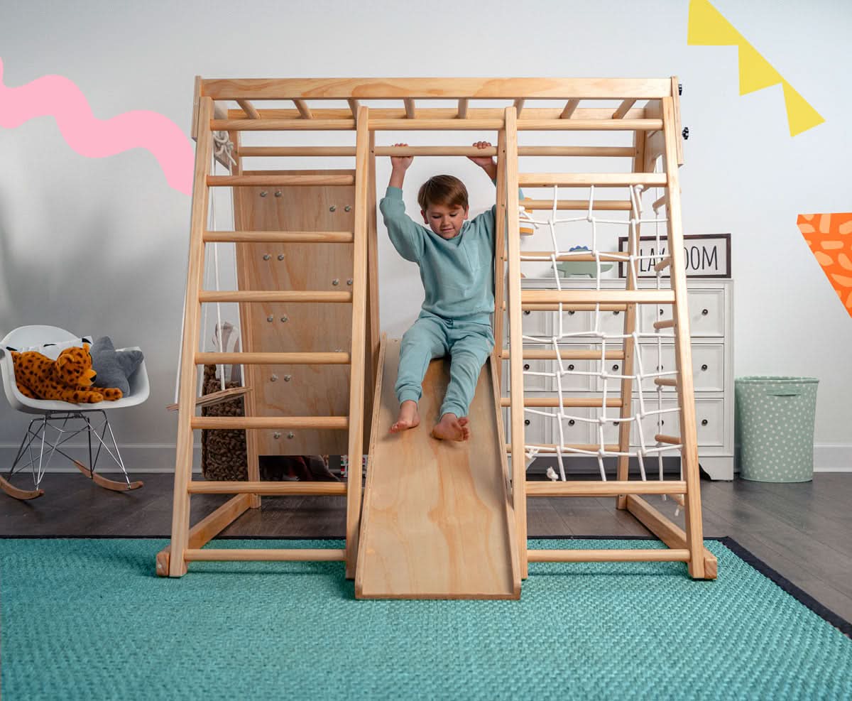 Magnolia | Indoor Wooden Jungle Gym with Monkey Bars, Rock Wall & Swing - Chickadees Wooden Toys