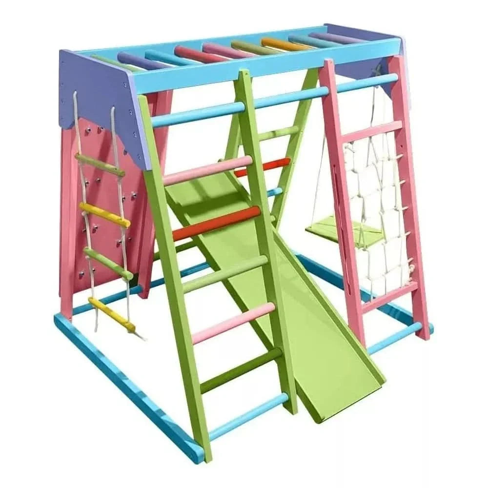 Magnolia | Indoor Wooden Jungle Gym with Monkey Bars, Rock Wall & Swing - Chickadees Wooden Toys