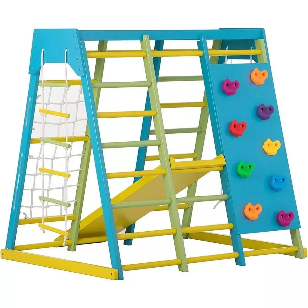 Magnolia | Indoor Wooden Jungle Gym with Monkey Bars, Rock Wall & Swing - Chickadees Wooden Toys