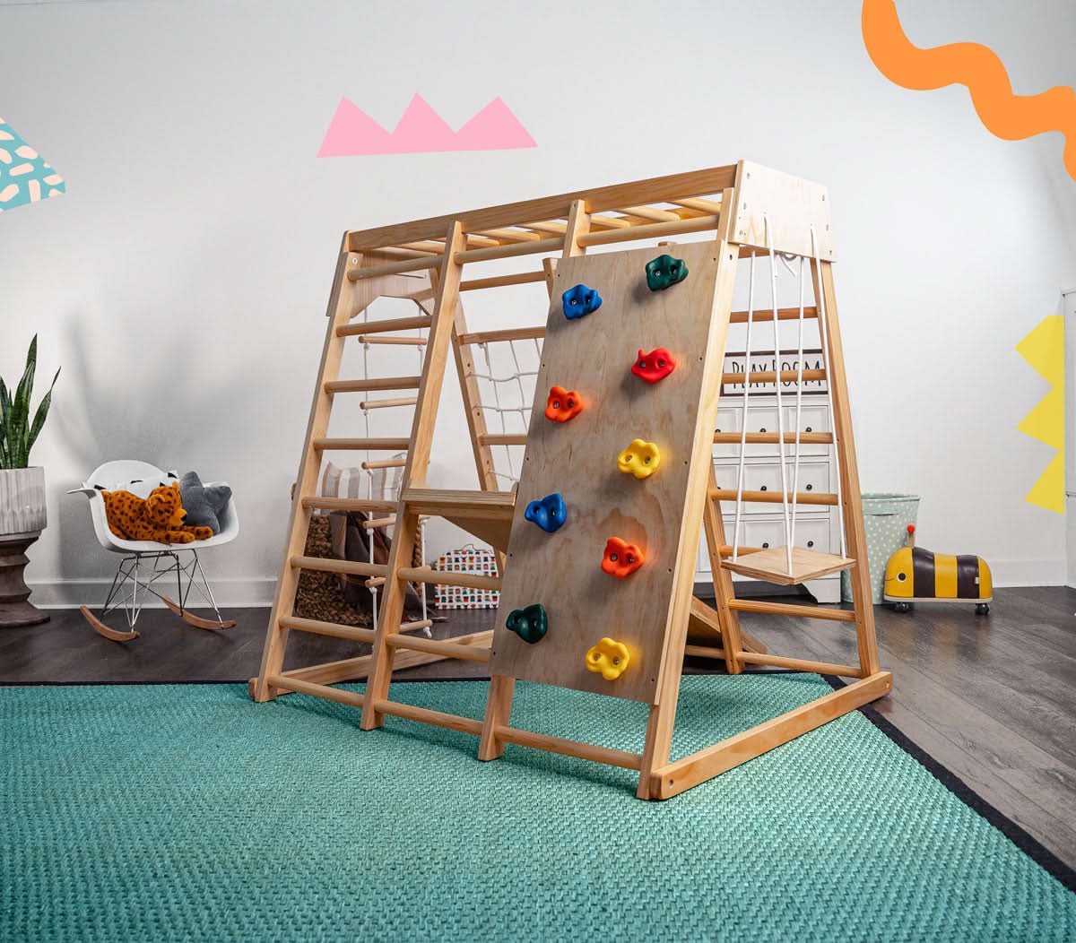 Magnolia | Indoor Wooden Jungle Gym with Monkey Bars, Rock Wall & Swing - Chickadees Wooden Toys