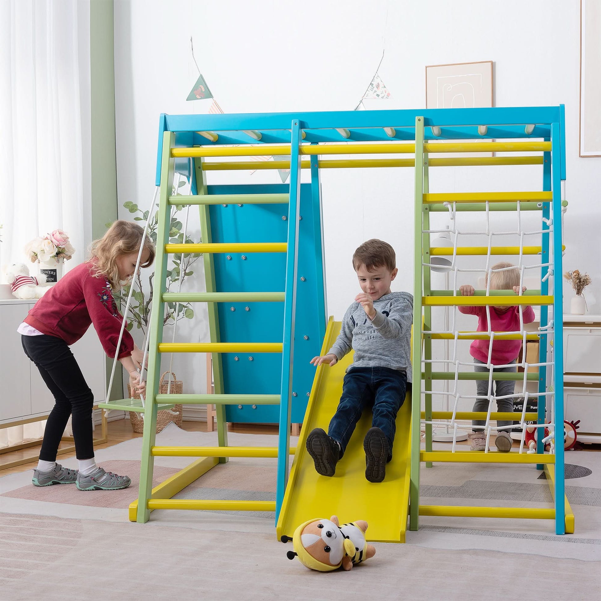 Magnolia | Indoor Wooden Jungle Gym with Monkey Bars, Rock Wall & Swing - Chickadees Wooden Toys
