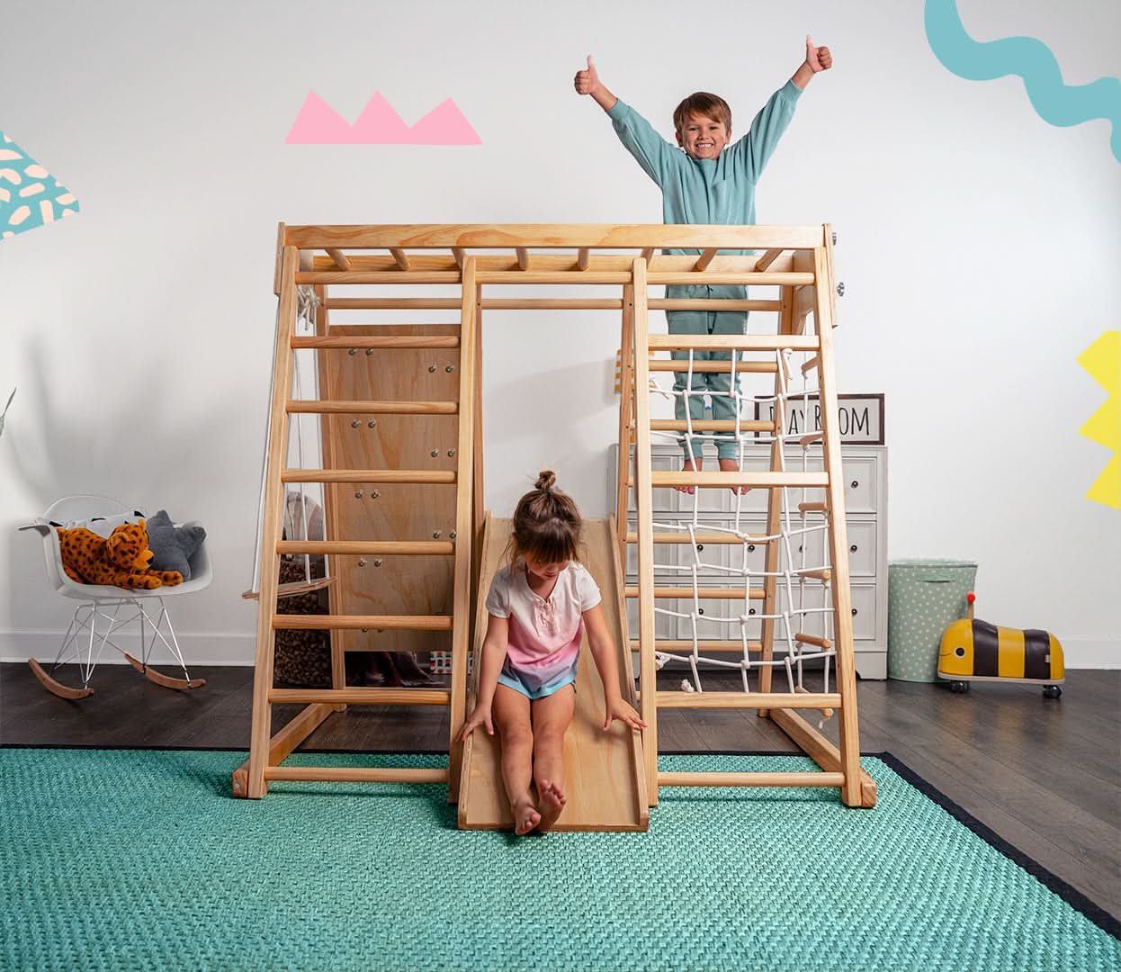 Magnolia | Indoor Wooden Jungle Gym with Monkey Bars, Rock Wall & Swing - Chickadees Wooden Toys