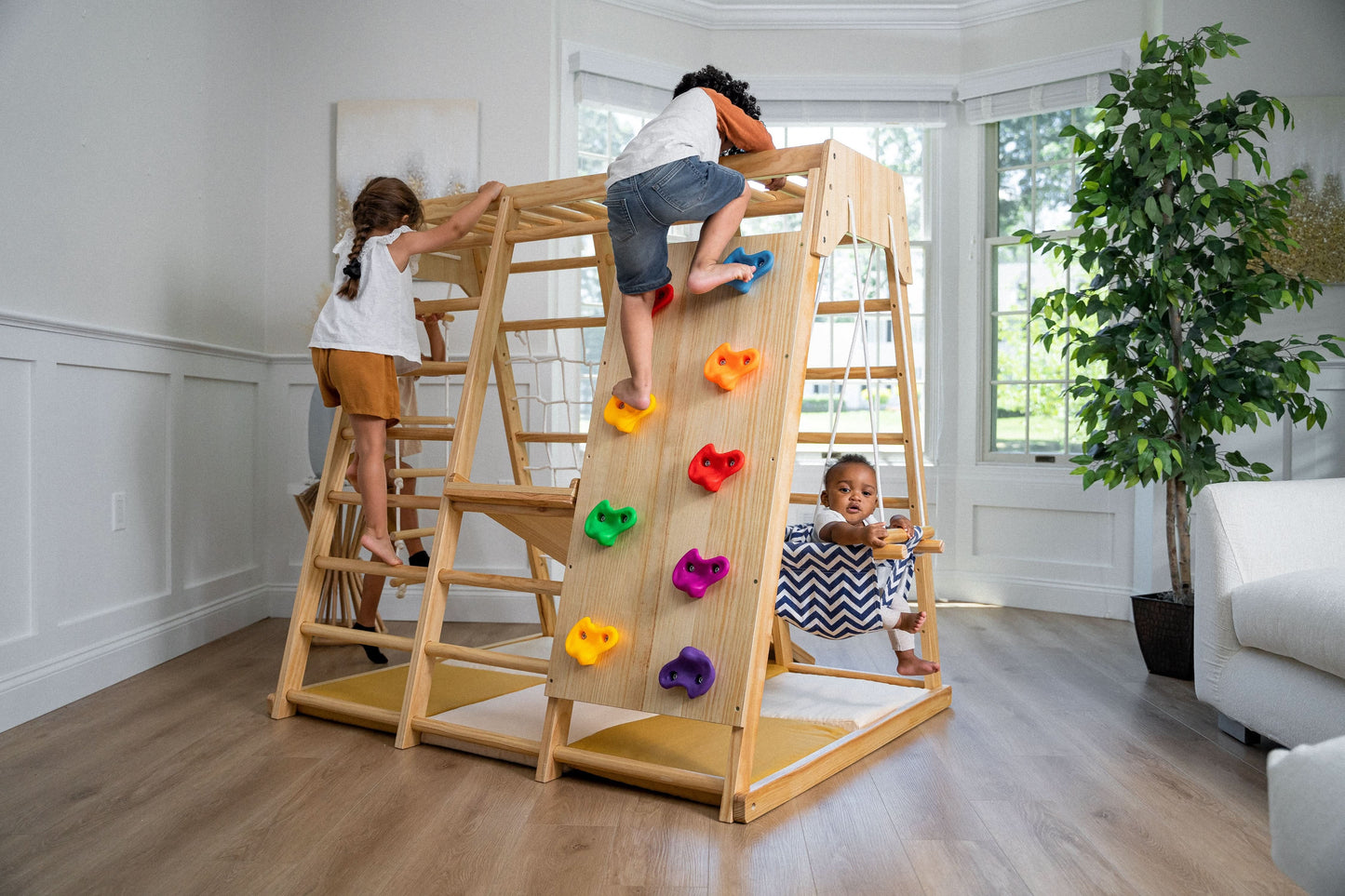 Magnolia | Indoor Wooden Jungle Gym with Monkey Bars, Rock Wall & Swing - Chickadees Wooden Toys