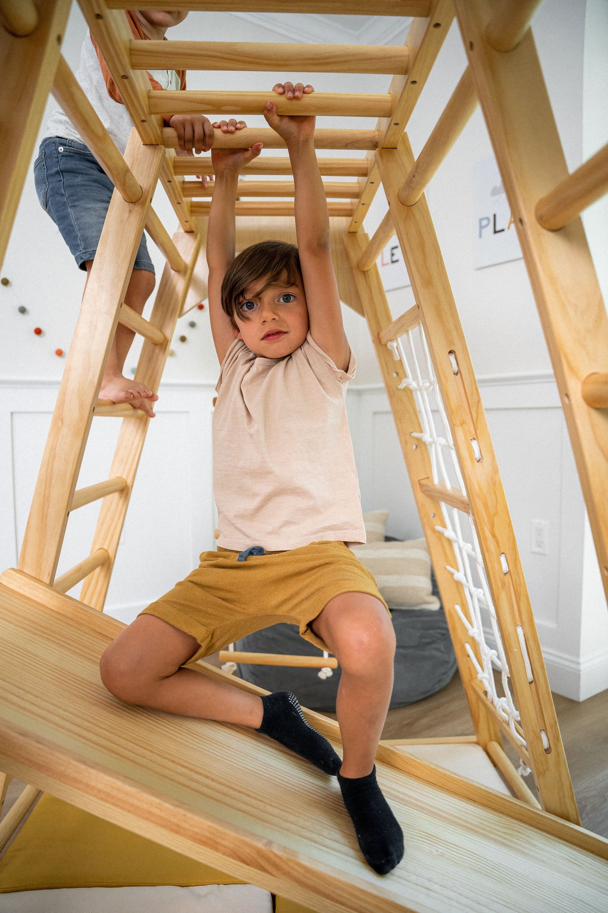 Magnolia | Indoor Wooden Jungle Gym with Monkey Bars, Rock Wall & Swing - Chickadees Wooden Toys