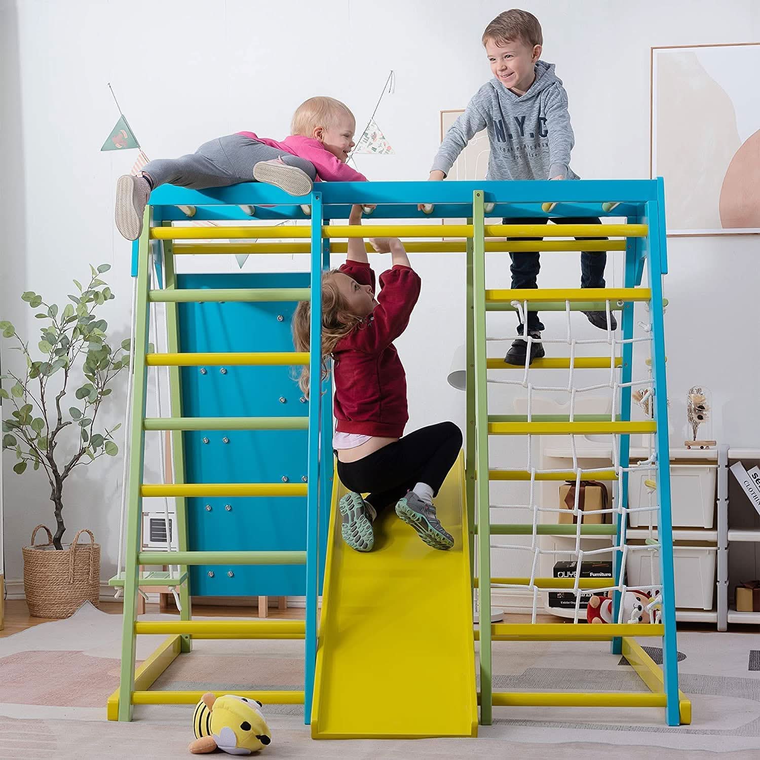 Magnolia | Indoor Wooden Jungle Gym with Monkey Bars, Rock Wall & Swing - Chickadees Wooden Toys