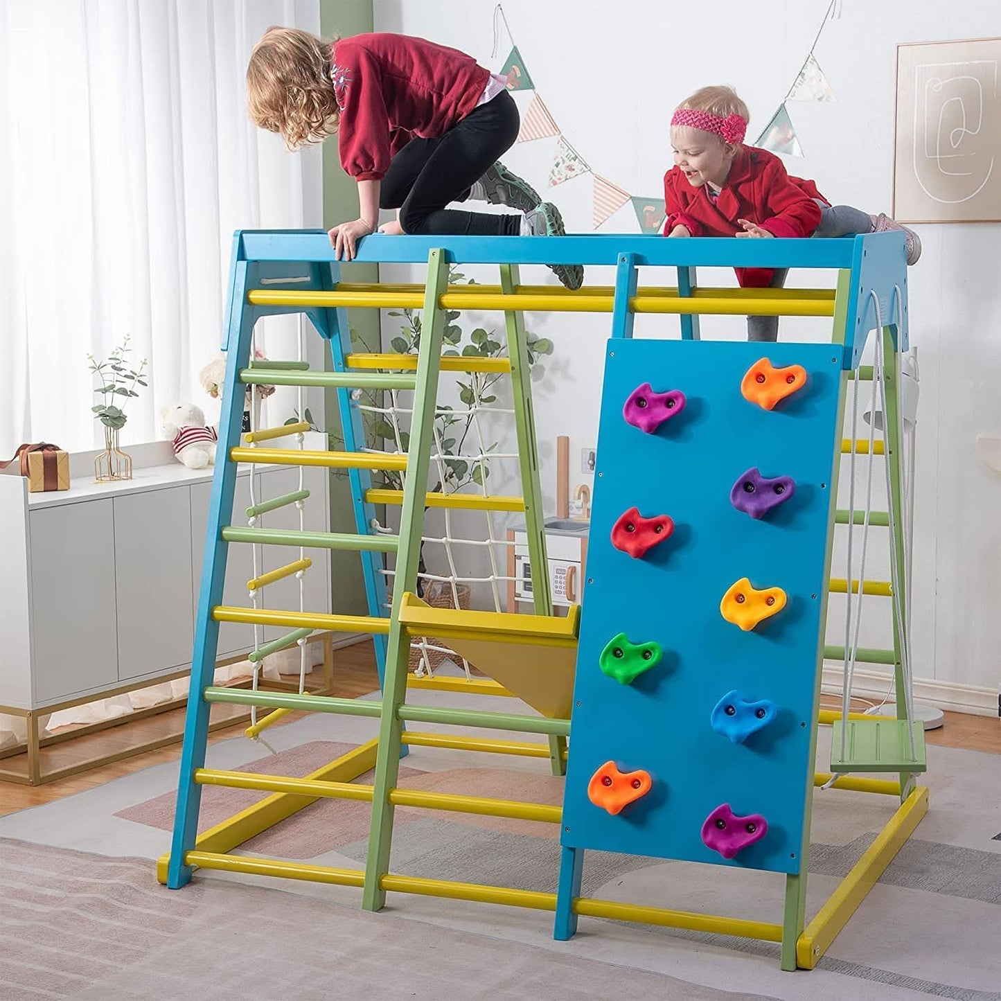 Magnolia | Indoor Wooden Jungle Gym with Monkey Bars, Rock Wall & Swing - Chickadees Wooden Toys