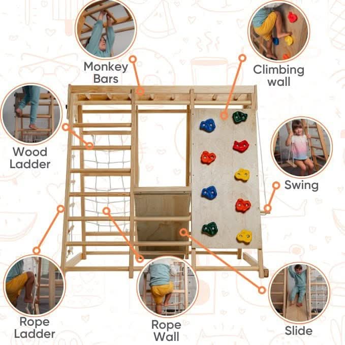 Magnolia | Indoor Wooden Jungle Gym with Monkey Bars, Rock Wall & Swing - Chickadees Wooden Toys