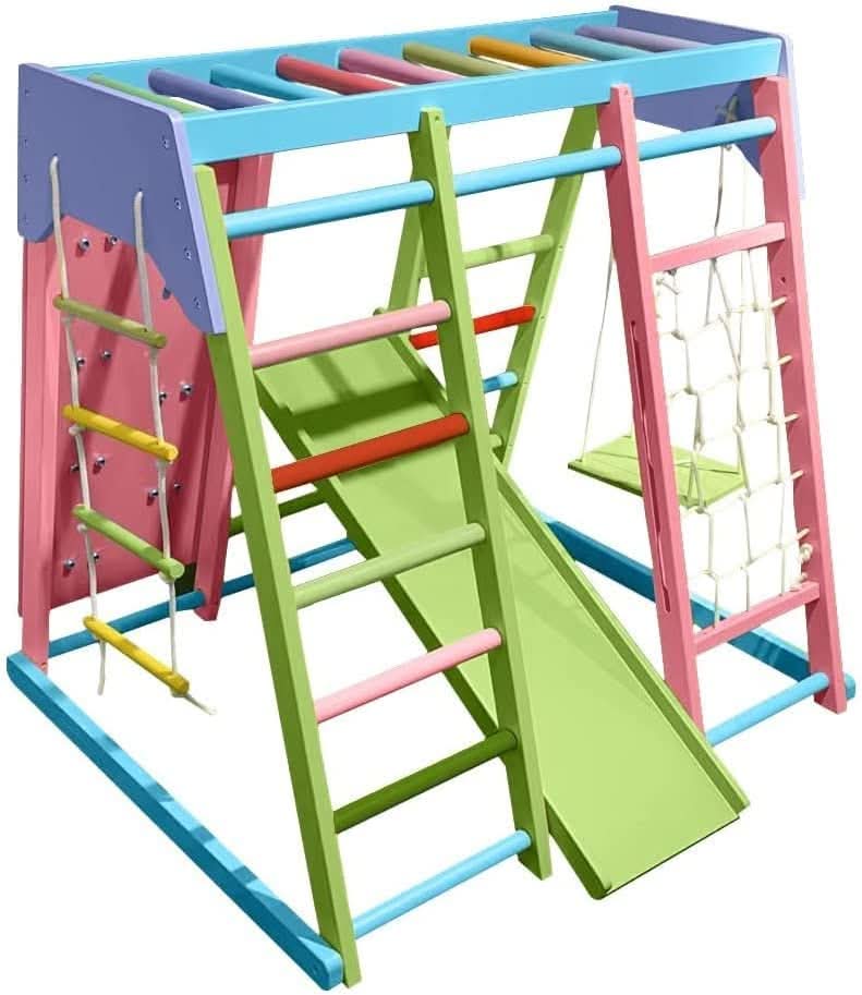 Magnolia | Indoor Wooden Jungle Gym with Monkey Bars, Rock Wall & Swing - Chickadees Wooden Toys