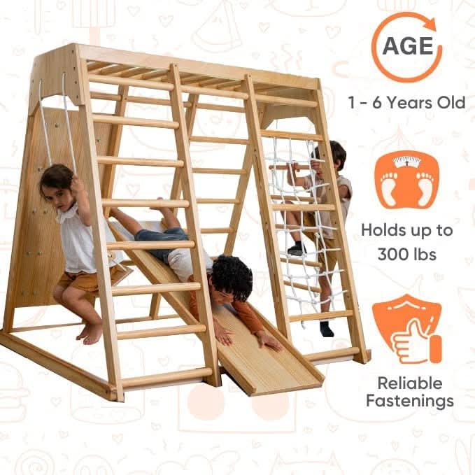 Magnolia | Indoor Wooden Jungle Gym with Monkey Bars, Rock Wall & Swing - Chickadees Wooden Toys