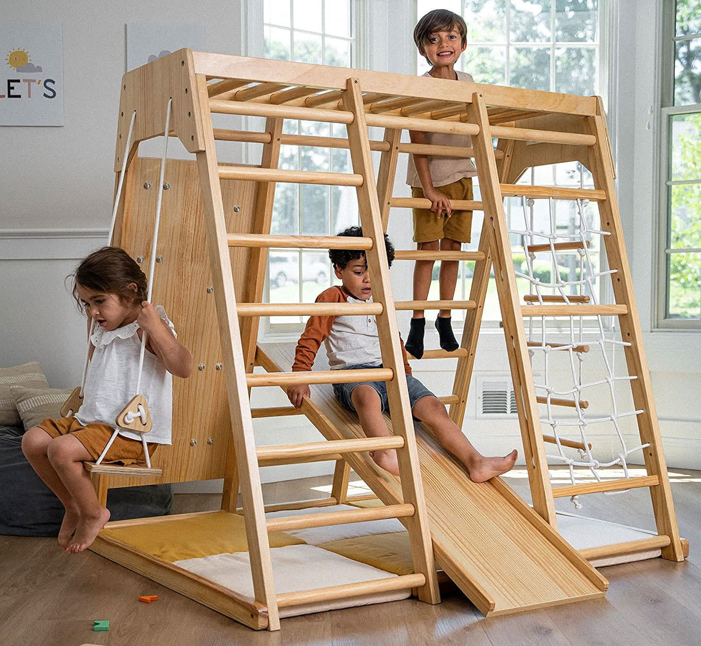 Magnolia | Indoor Wooden Jungle Gym with Monkey Bars, Rock Wall & Swing - Chickadees Wooden Toys