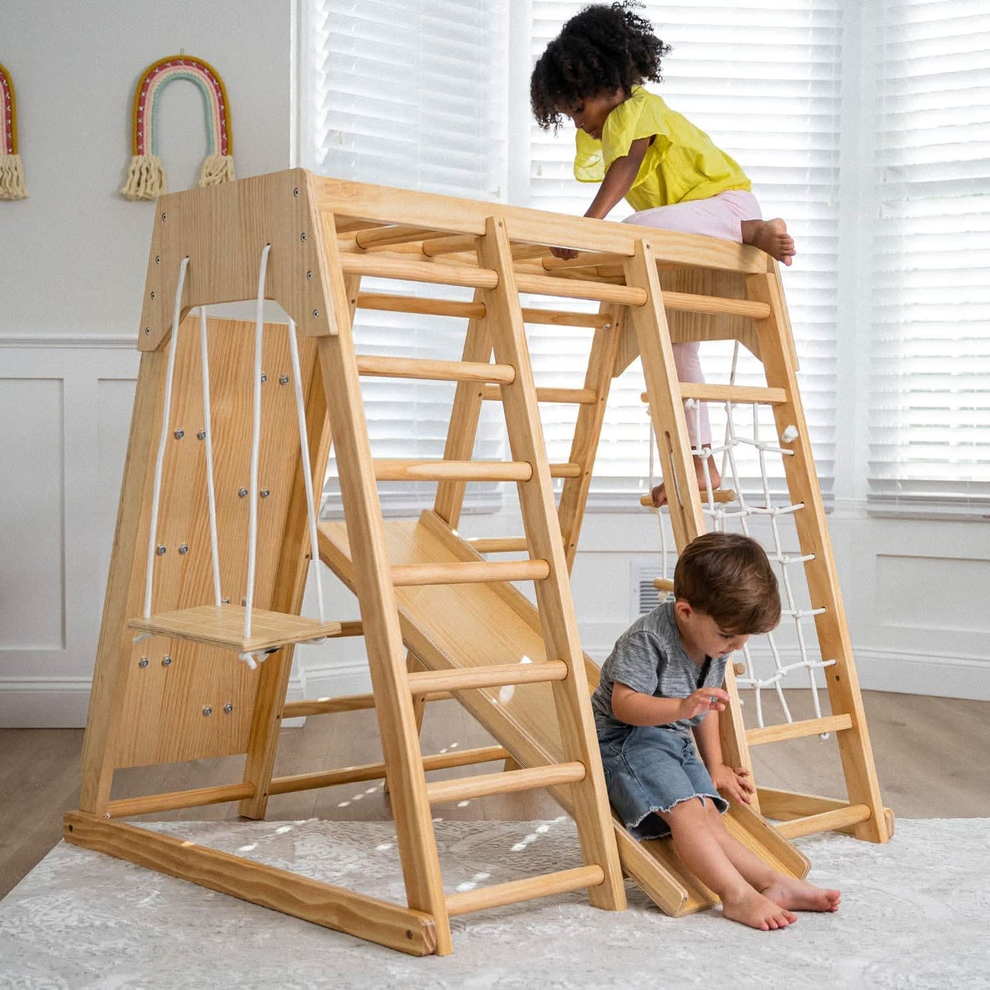 Magnolia | Indoor Wooden Jungle Gym with Monkey Bars, Rock Wall & Swing - Chickadees Wooden Toys