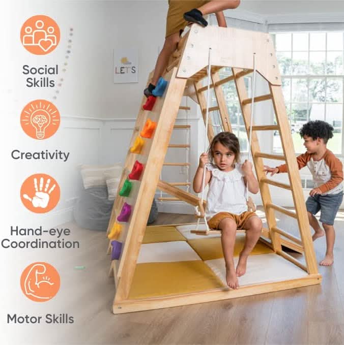 Magnolia | Indoor Wooden Jungle Gym with Monkey Bars, Rock Wall & Swing - Chickadees Wooden Toys