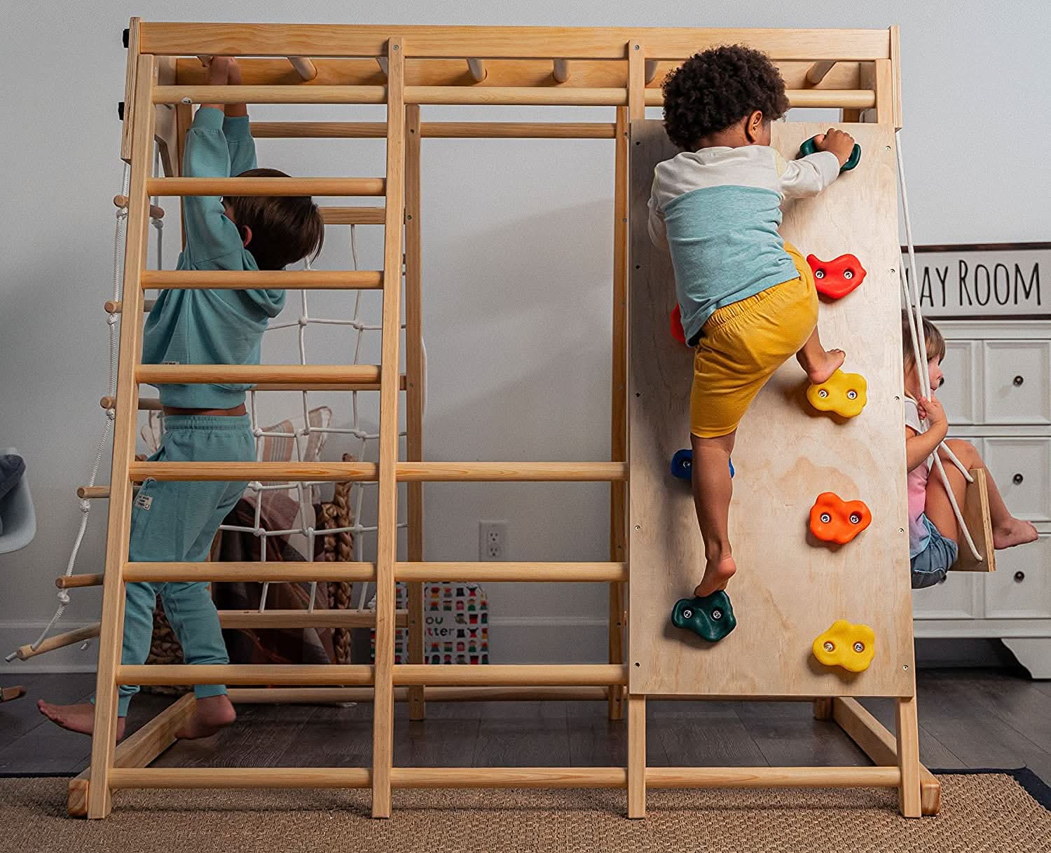 Magnolia | Indoor Wooden Jungle Gym with Monkey Bars, Rock Wall & Swing - Chickadees Wooden Toys