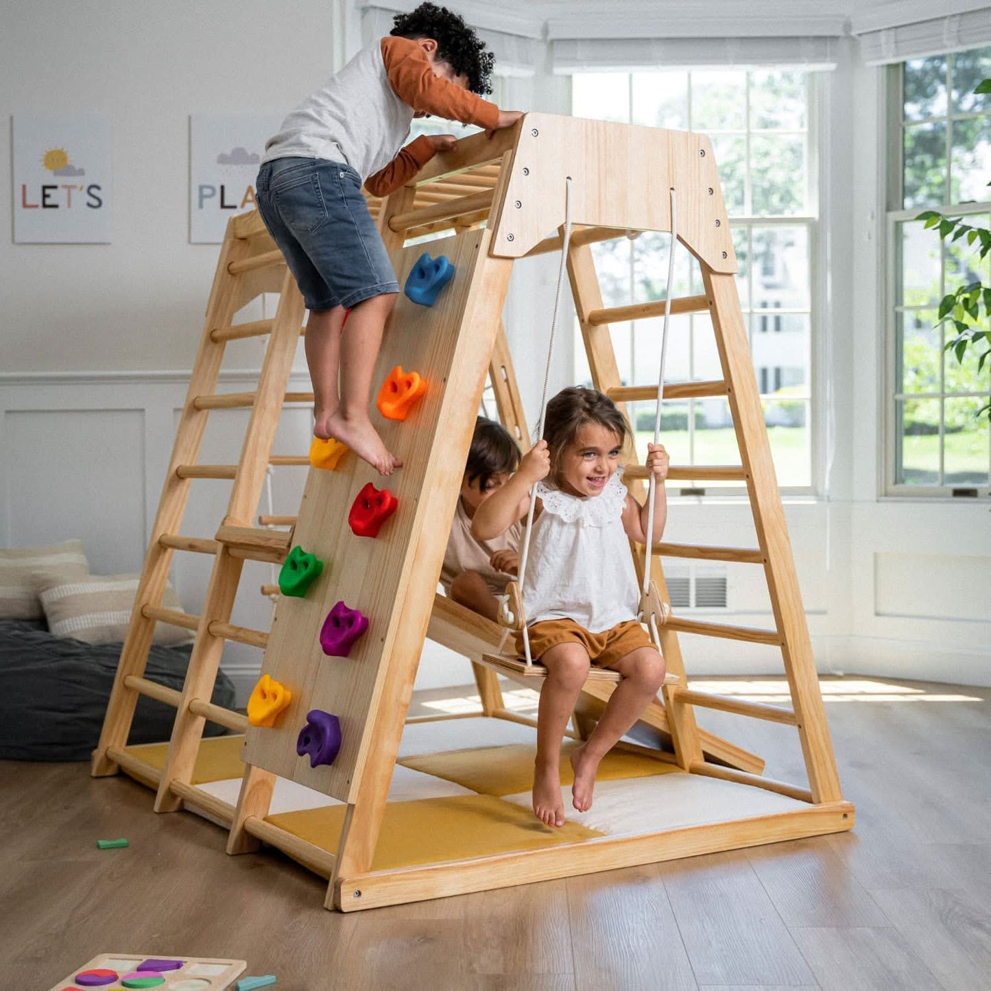 Magnolia | Indoor Wooden Jungle Gym with Monkey Bars, Rock Wall & Swing - Chickadees Wooden Toys