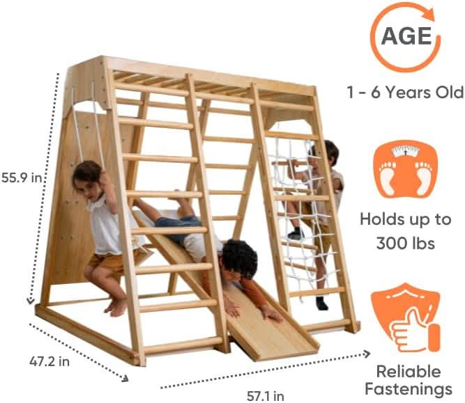 Magnolia | Indoor Wooden Jungle Gym with Monkey Bars, Rock Wall & Swing - Chickadees Wooden Toys
