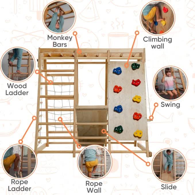 Magnolia | Indoor Wooden Jungle Gym with Monkey Bars, Rock Wall & Swing - Chickadees Wooden Toys