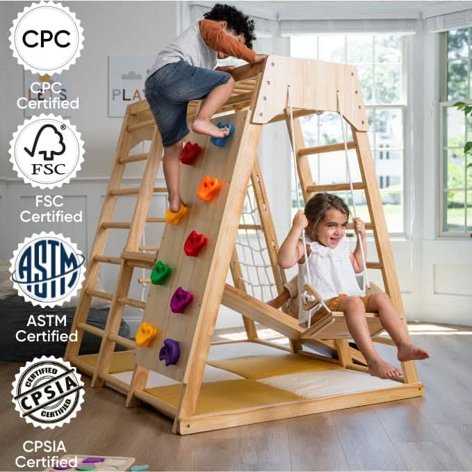 Magnolia | Indoor Wooden Jungle Gym with Monkey Bars, Rock Wall & Swing - Chickadees Wooden Toys