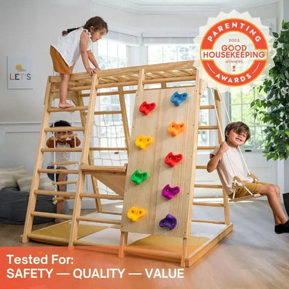 Magnolia | Indoor Wooden Jungle Gym with Monkey Bars, Rock Wall & Swing - Chickadees Wooden Toys