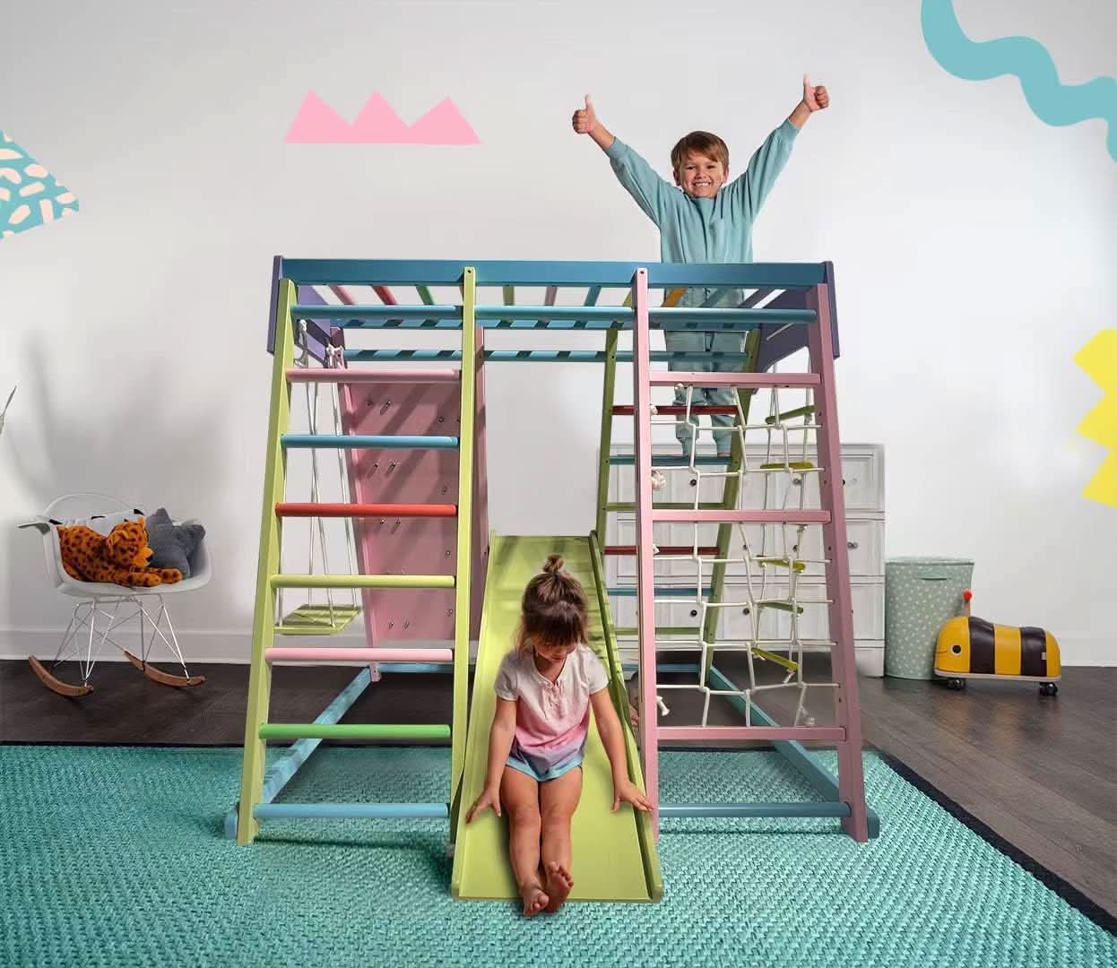 Magnolia | Indoor Wooden Jungle Gym with Monkey Bars, Rock Wall & Swing - Chickadees Wooden Toys