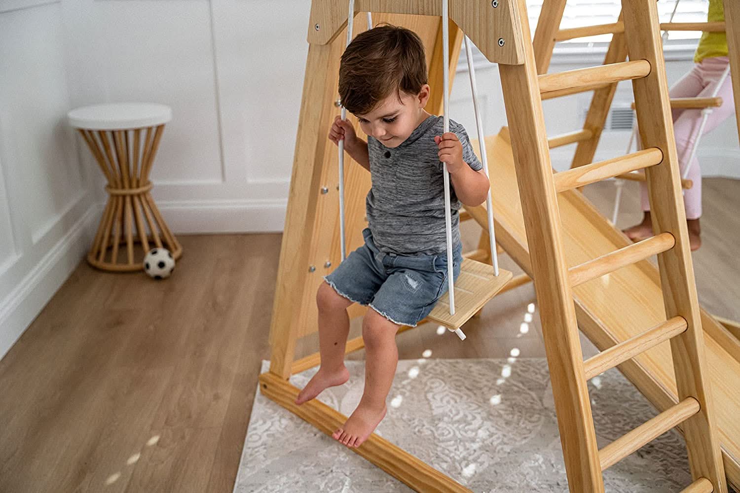 Magnolia | Indoor Wooden Jungle Gym with Monkey Bars, Rock Wall & Swing - Chickadees Wooden Toys