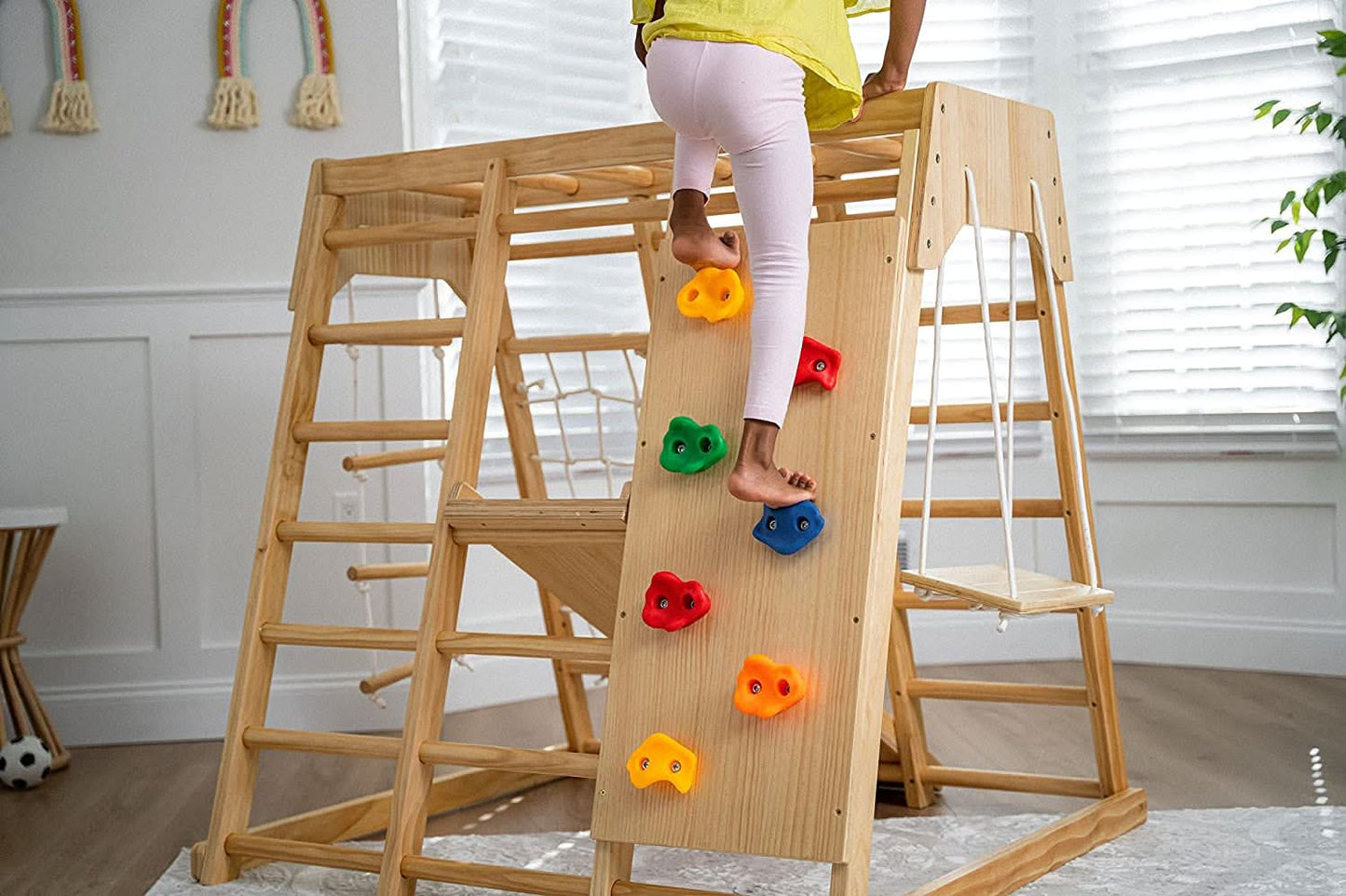 Magnolia | Indoor Wooden Jungle Gym with Monkey Bars, Rock Wall & Swing - Chickadees Wooden Toys