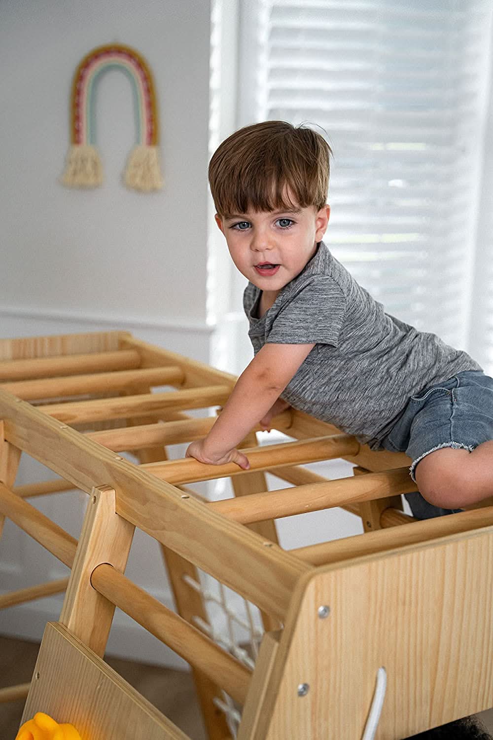 Magnolia | Indoor Wooden Jungle Gym with Monkey Bars, Rock Wall & Swing - Chickadees Wooden Toys