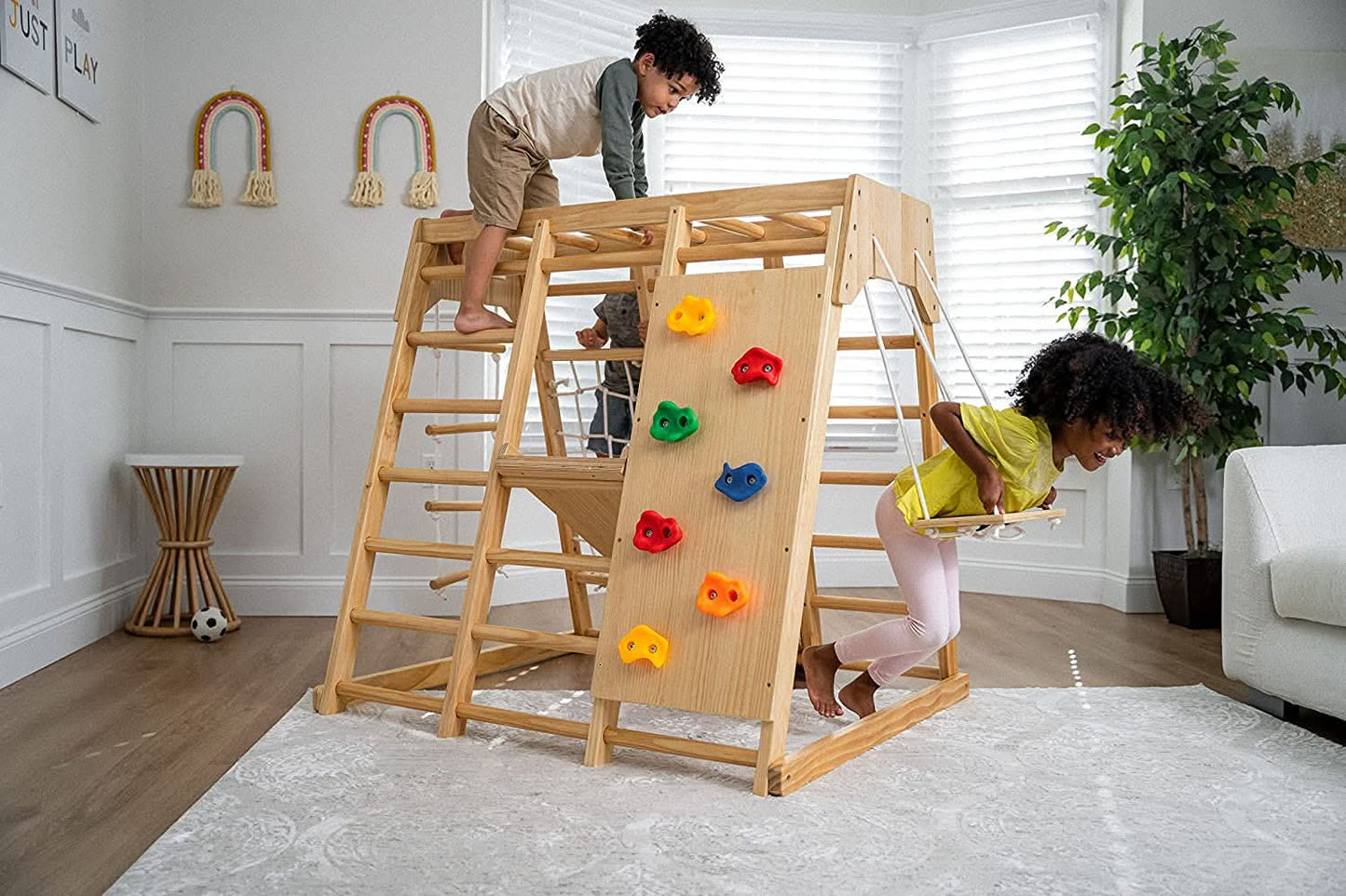 Magnolia | Indoor Wooden Jungle Gym with Monkey Bars, Rock Wall & Swing - Chickadees Wooden Toys