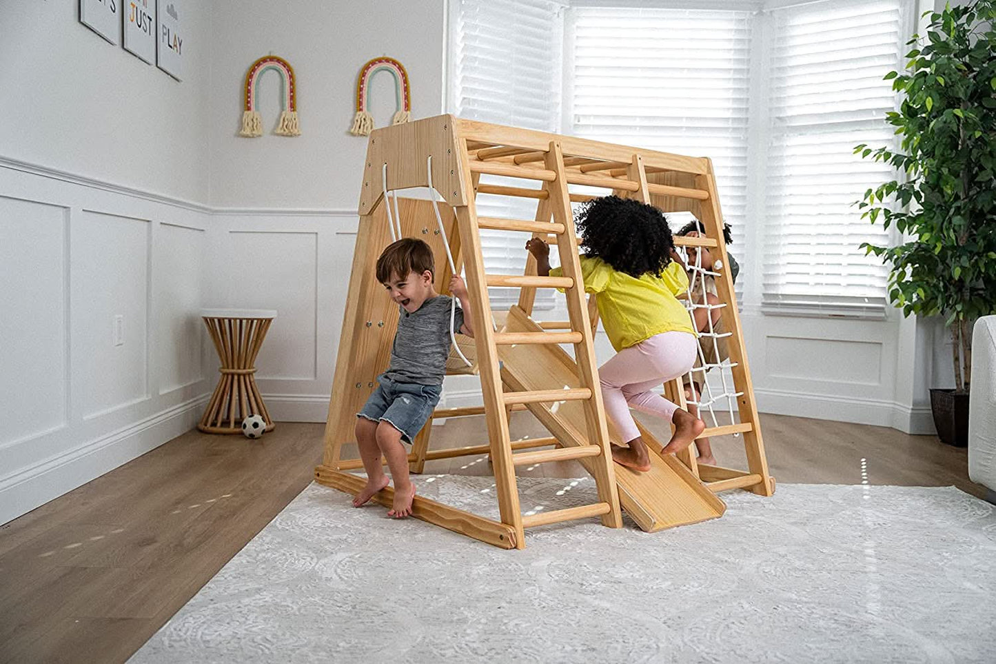 Magnolia | Indoor Wooden Jungle Gym with Monkey Bars, Rock Wall & Swing - Chickadees Wooden Toys