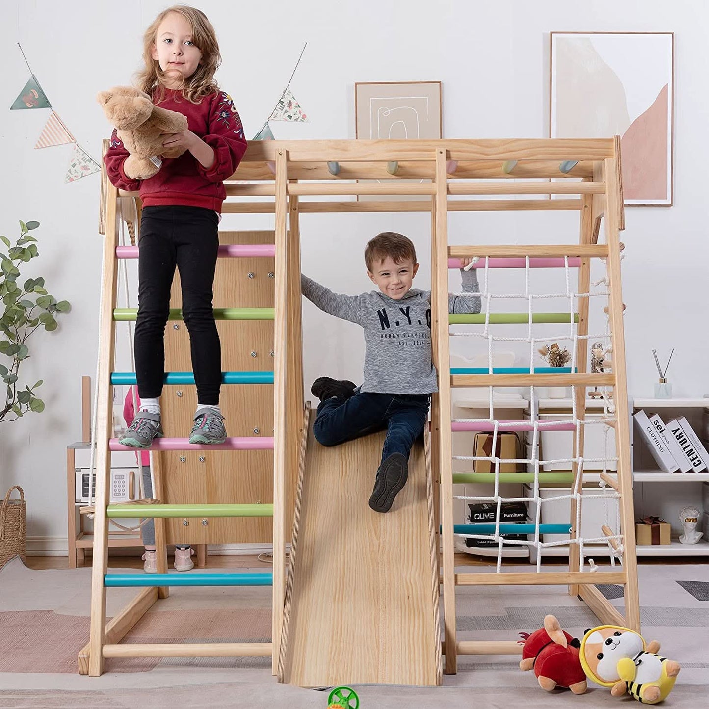 Magnolia | Indoor Wooden Jungle Gym with Monkey Bars, Rock Wall & Swing - Chickadees Wooden Toys
