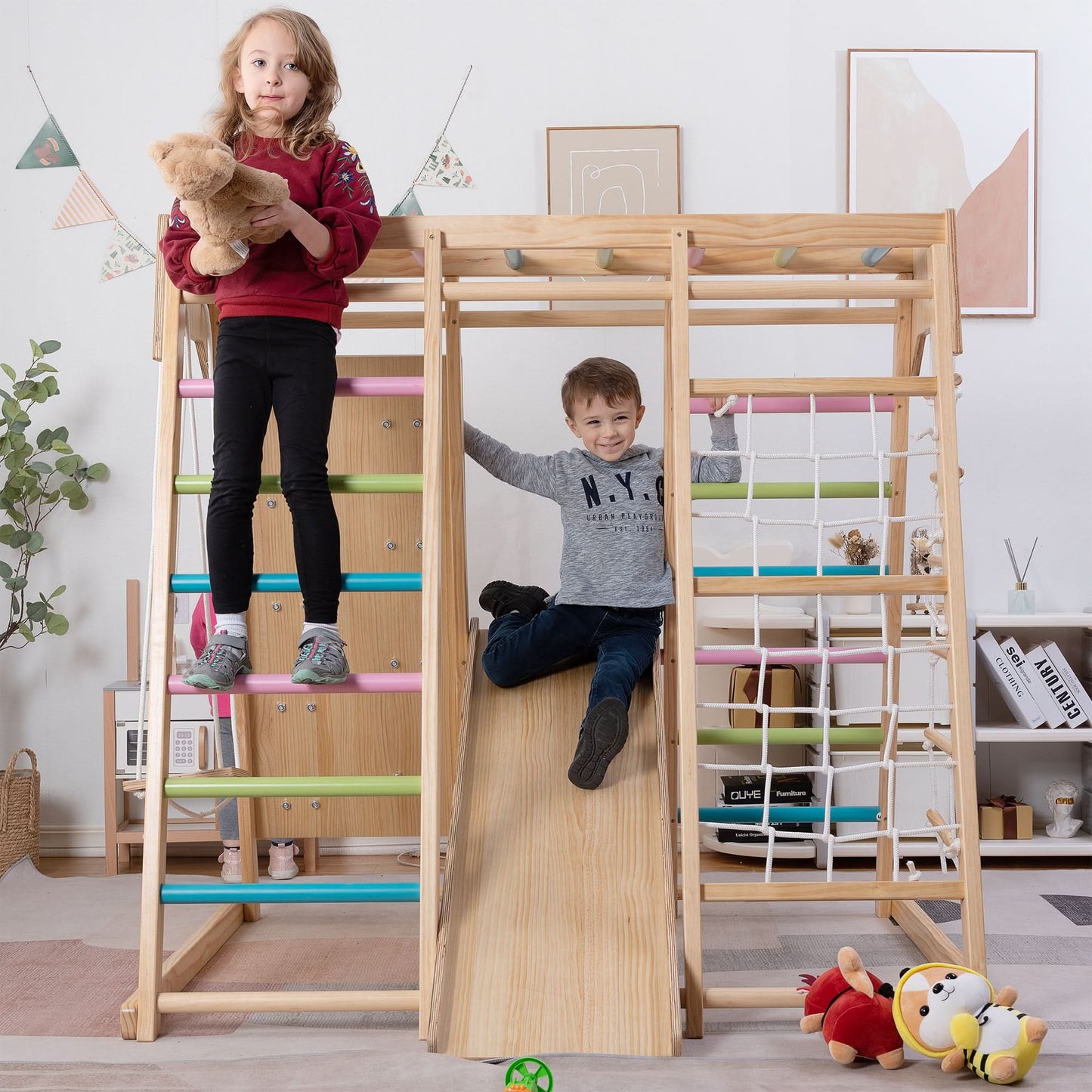 Magnolia | Indoor Wooden Jungle Gym with Monkey Bars, Rock Wall & Swing - Chickadees Wooden Toys