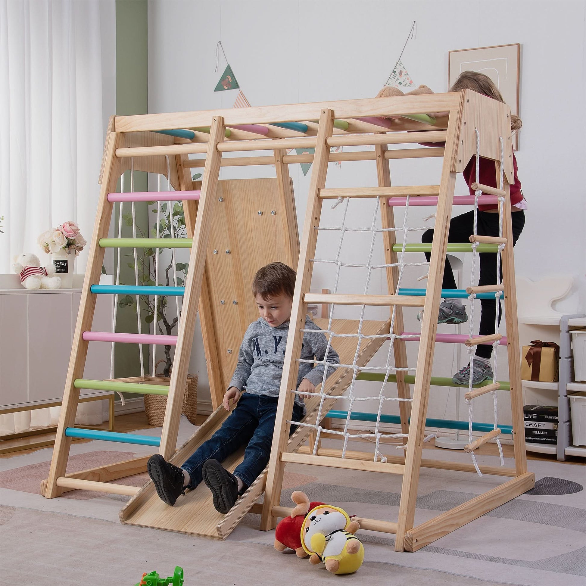 Magnolia | Indoor Wooden Jungle Gym with Monkey Bars, Rock Wall & Swing - Chickadees Wooden Toys