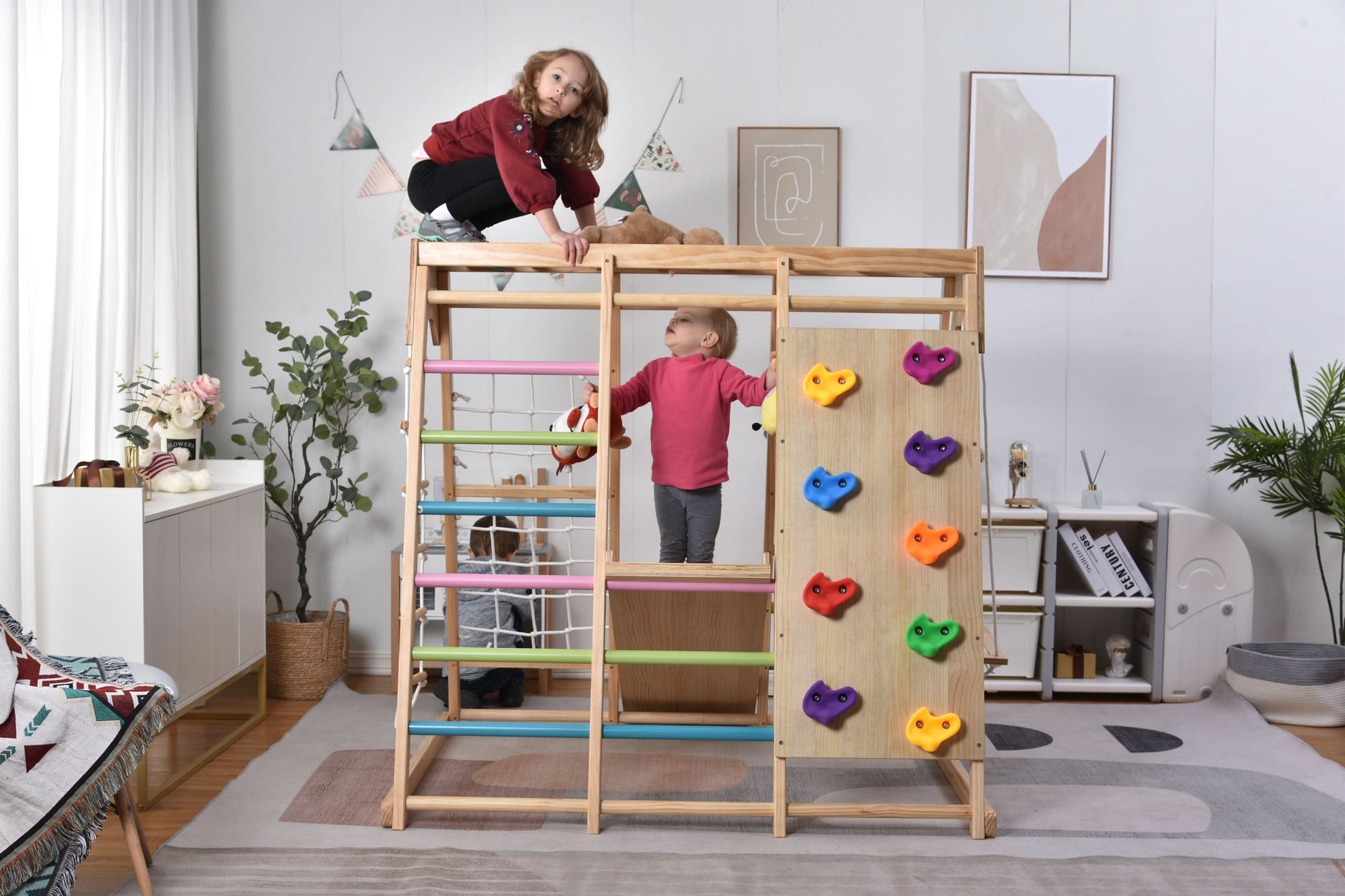 Magnolia | Indoor Wooden Jungle Gym with Monkey Bars, Rock Wall & Swing - Chickadees Wooden Toys