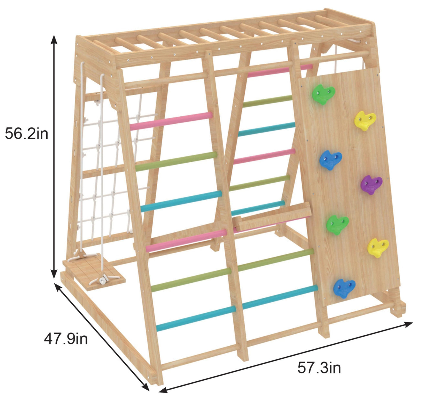 Magnolia | Indoor Wooden Jungle Gym with Monkey Bars, Rock Wall & Swing - Chickadees Wooden Toys