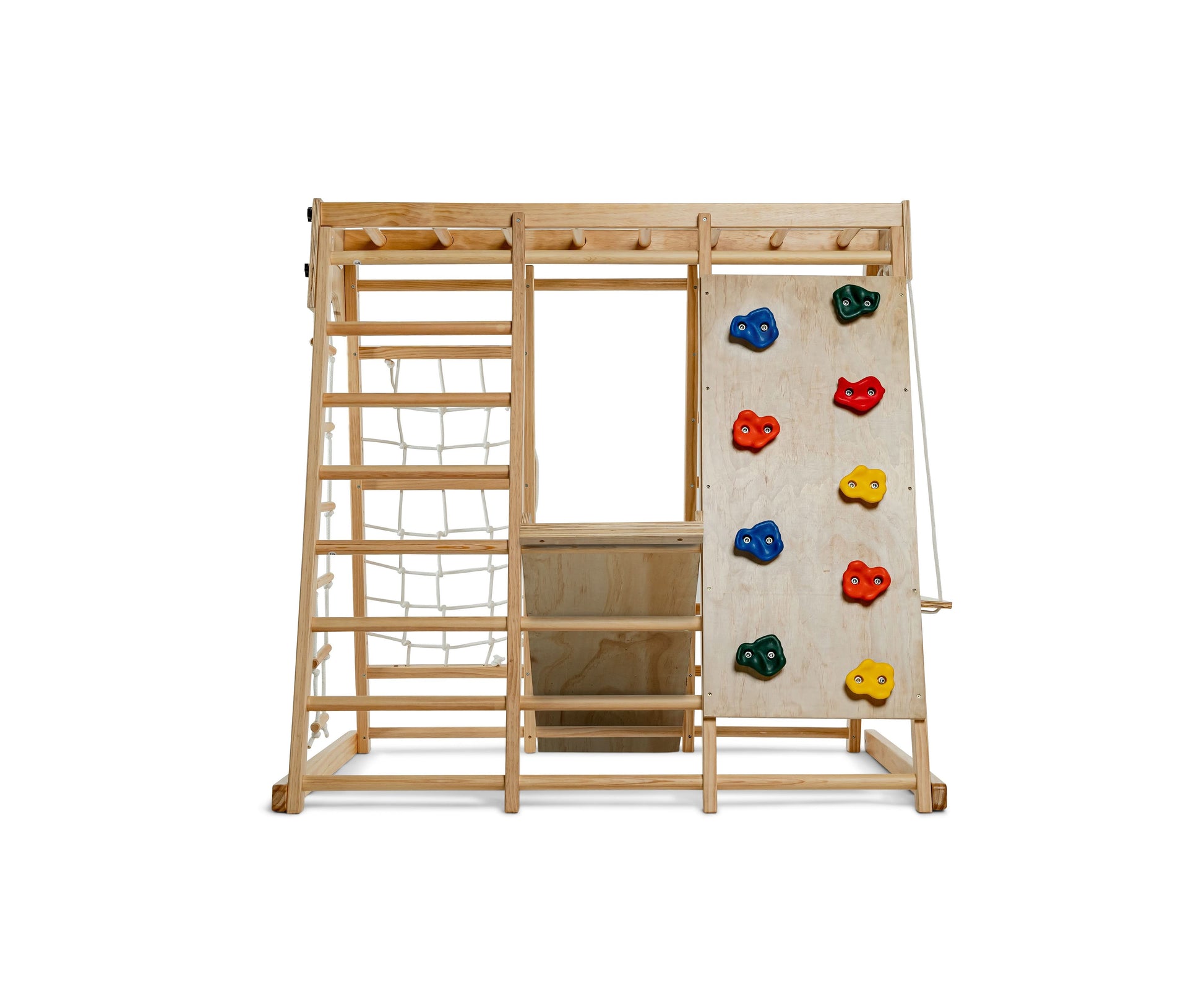 Magnolia | Indoor Wooden Jungle Gym with Monkey Bars, Rock Wall & Swing - Chickadees Wooden Toys