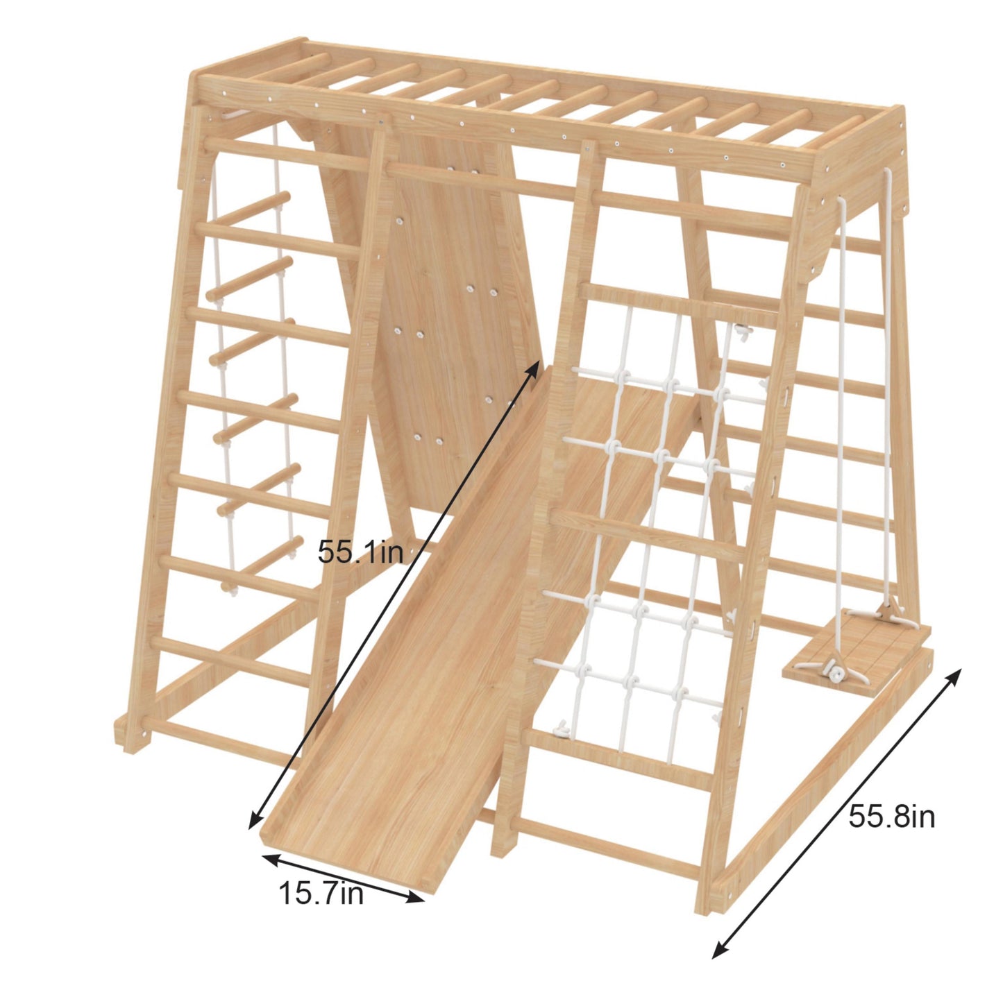 Magnolia | Indoor Wooden Jungle Gym with Monkey Bars, Rock Wall & Swing - Chickadees Wooden Toys