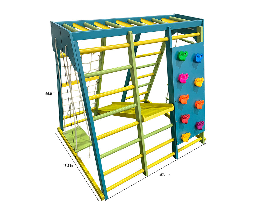 Magnolia | Indoor Wooden Jungle Gym with Monkey Bars, Rock Wall & Swing - Chickadees Wooden Toys