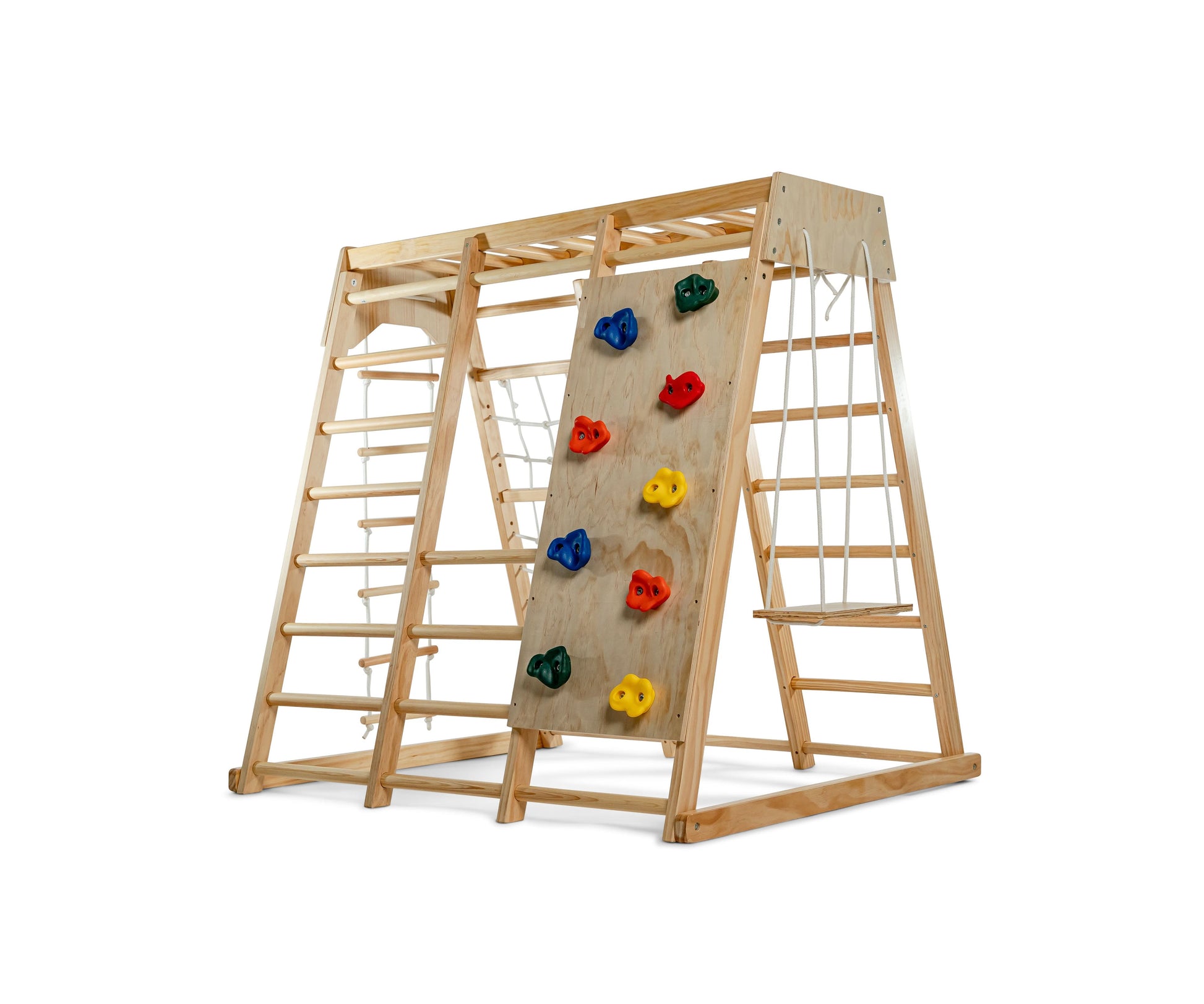 Magnolia | Indoor Wooden Jungle Gym with Monkey Bars, Rock Wall & Swing - Chickadees Wooden Toys