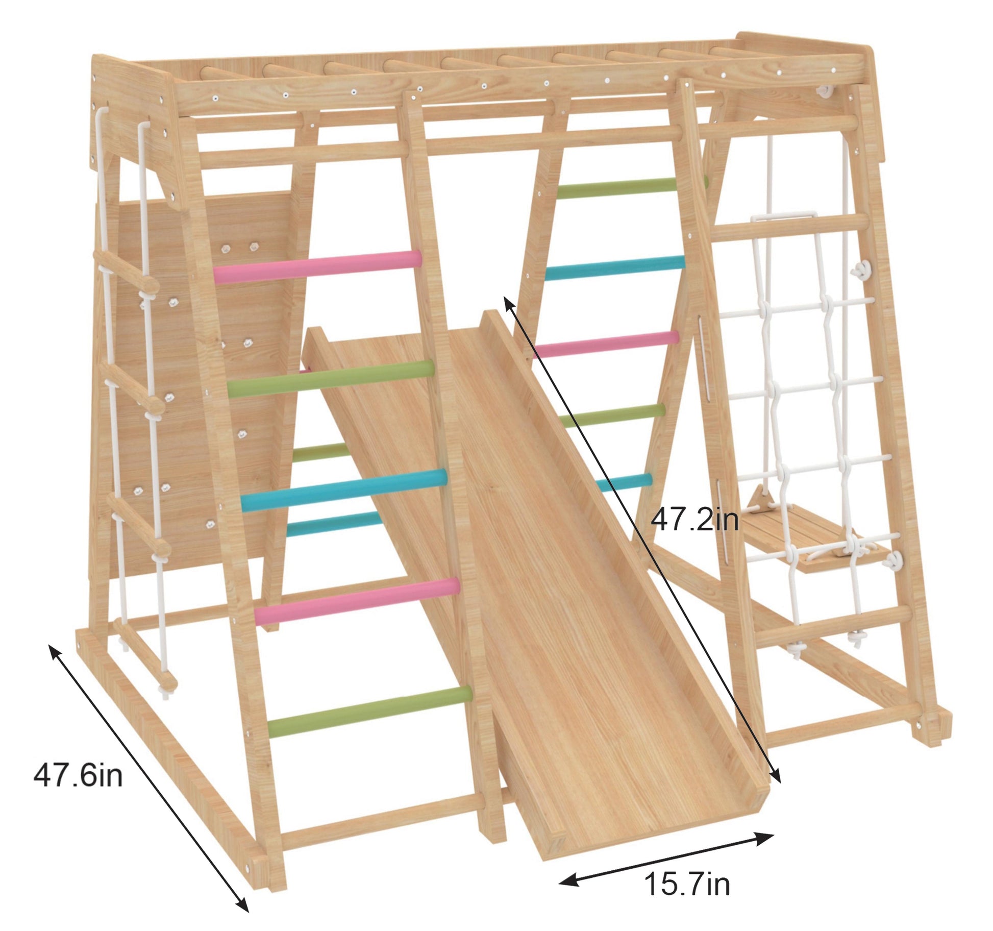 Magnolia | Indoor Wooden Jungle Gym with Monkey Bars, Rock Wall & Swing - Chickadees Wooden Toys