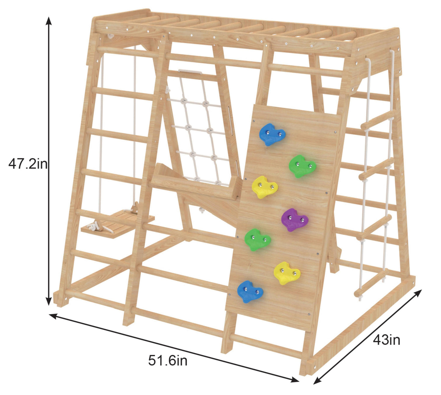 Magnolia | Indoor Wooden Jungle Gym with Monkey Bars, Rock Wall & Swing - Chickadees Wooden Toys